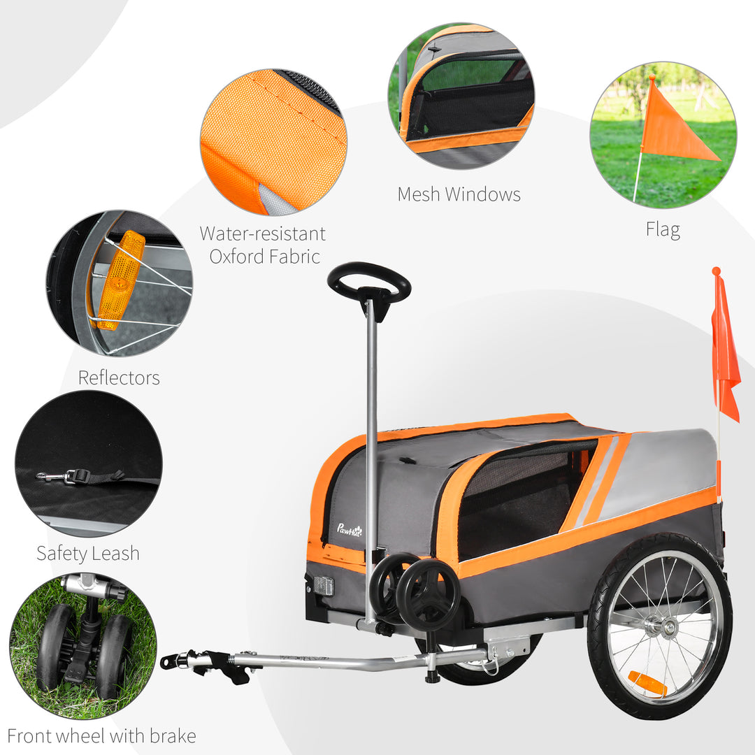 Dog Bike Trailer Two-In-One Trolley Stroller Cart Bicycle Carrier for Cat Puppy Travel w/ Reflectors Red Flag - Orange