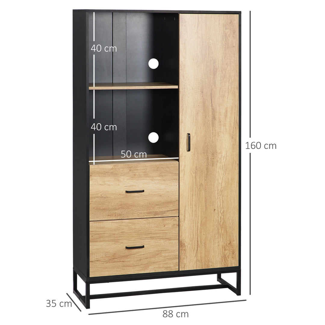 Kitchen Cupboard, Freestanding Storage Cabinet with Soft Close Door, Microwave Stand with Adjustable Shelves and Drawers Natural and Black