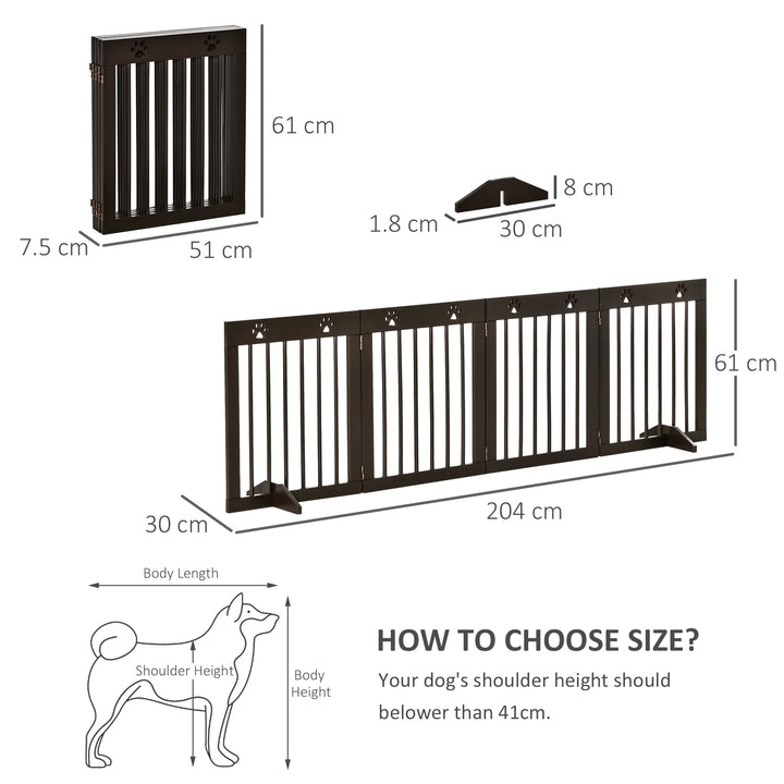 PawHut Freestanding Pet Gate 4 Panel Wooden Dog Barrier Folding Safety Fence with Support Feet up to 204cm Long 61cm Tall for Doorway Stairs Brown