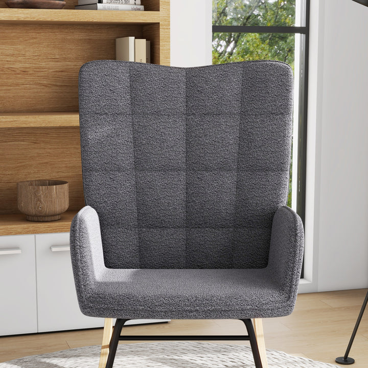 Wingback Rocking Chair for Nursing, Berber Fleece Nursery Glider Rocker, Modern Armchair for Living Room, Dark Grey