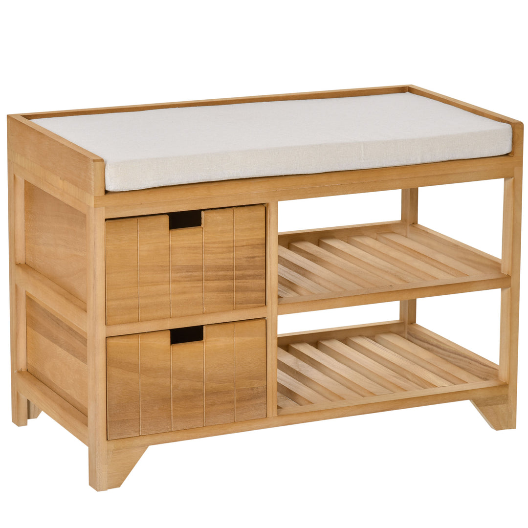 Wooden 2 Tier Shoe Storage Bench Rack Shelves Cushioned Seat  Entryway Hallway Organiser with 2 Drawers - Natural Wood Colour