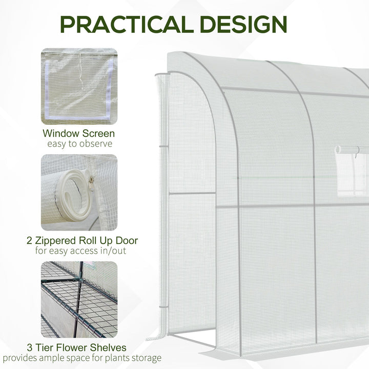 Outsunny Walk-In Lean to Wall Greenhouse with Windows and Doors 2 Tiers 4 Wired Shelves 200L x 100W x 213Hcm White