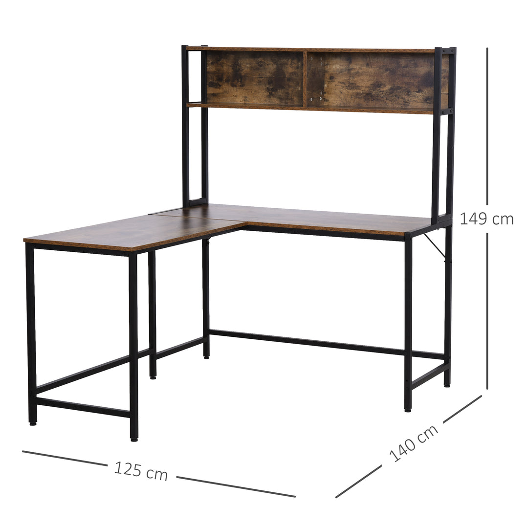 Industrial L-Shaped Work Desk & Storage Shelf Steel Frame Adjustable Feet Corner Workstation Home Office Study Stylish Brown Black