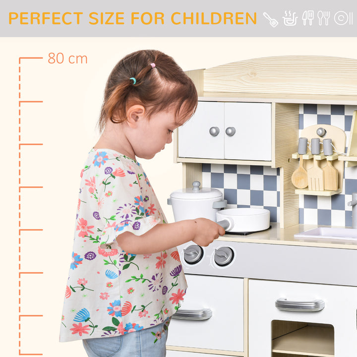 HOMCOM Kids Kitchen Play Cooking Toy Set, Educational Pretend Role Playset Game Multiple Storage, with Sink, Cooking Bench, Pots, Nature Wood