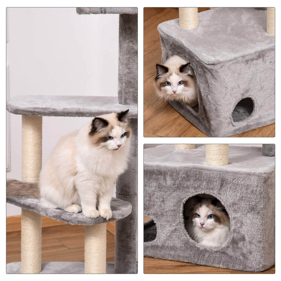 PawHut Cat Tree Kitten Tower 4-level Activity Centre Pet Furniture with Sisal Scratching Post Condo Plush Perches Hanging Ball Toys Grey