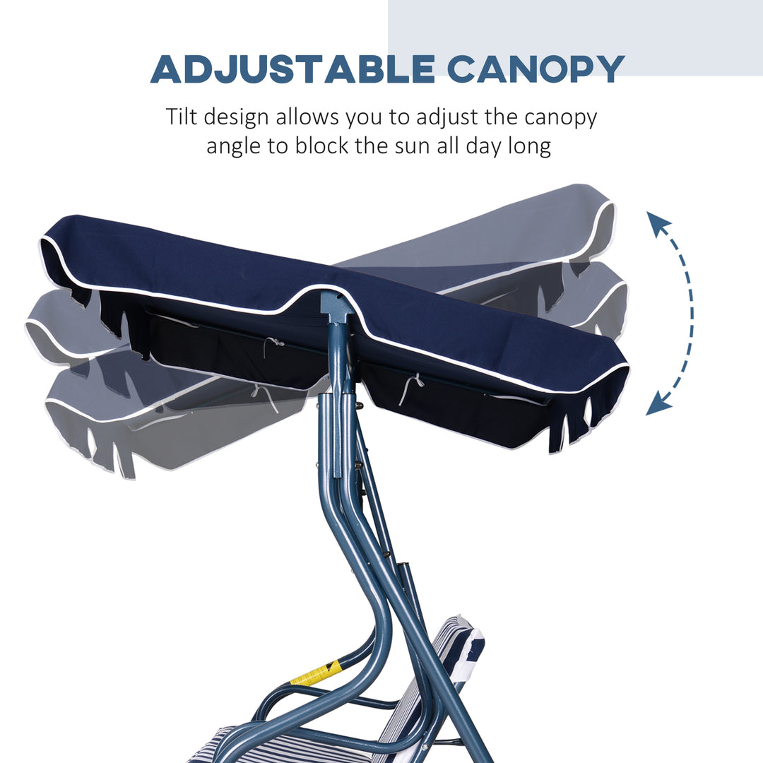 3 Seater Garden Swing Chair_ Outdoor Garden Bench with Adjustable Sun Cover and Metal Frame - Blue Stripes