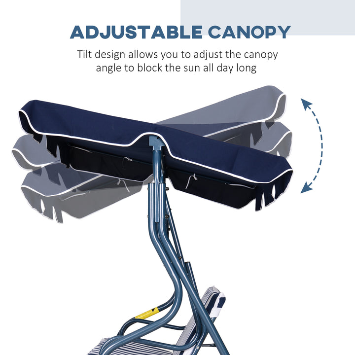 3 Seater Garden Swing Chair_ Outdoor Garden Bench with Adjustable Sun Cover and Metal Frame - Blue Stripes