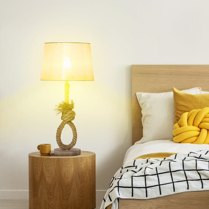 HOMCOM Nautical Table Lamp, Farmhouse Bedside Lamp with Knotted Rope and Fabric Lampshade for Bedroom, Study, Living Room, Beige