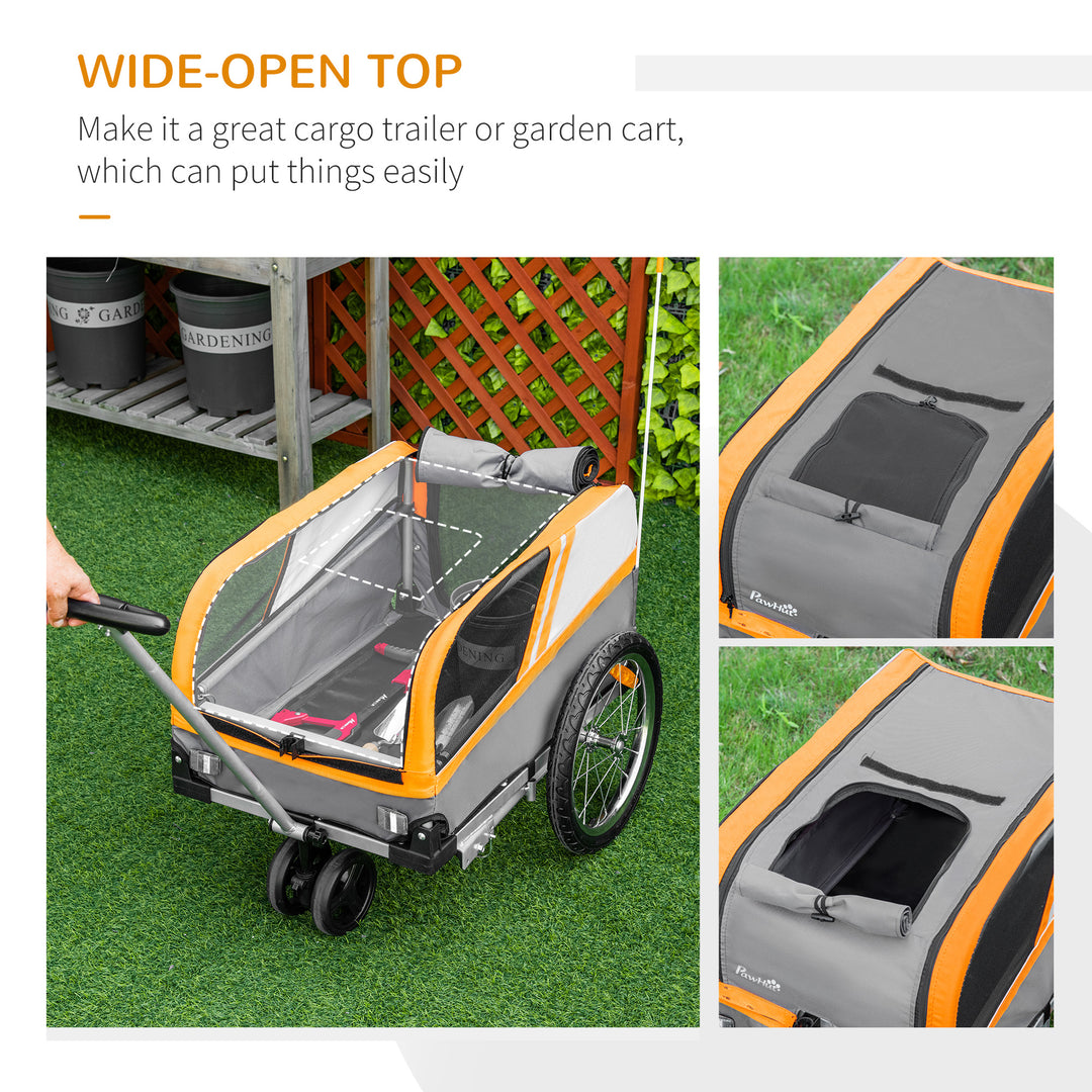 Dog Bike Trailer Two-In-One Trolley Stroller Cart Bicycle Carrier for Cat Puppy Travel w/ Reflectors Red Flag - Orange