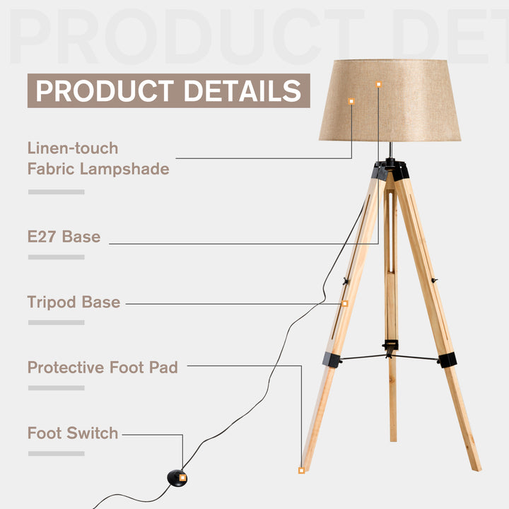 Tripod Floor Lamp Wooden Adjustable Modern Illumination Design E27 Bulb Compatible (Cream Shade) 99-143H