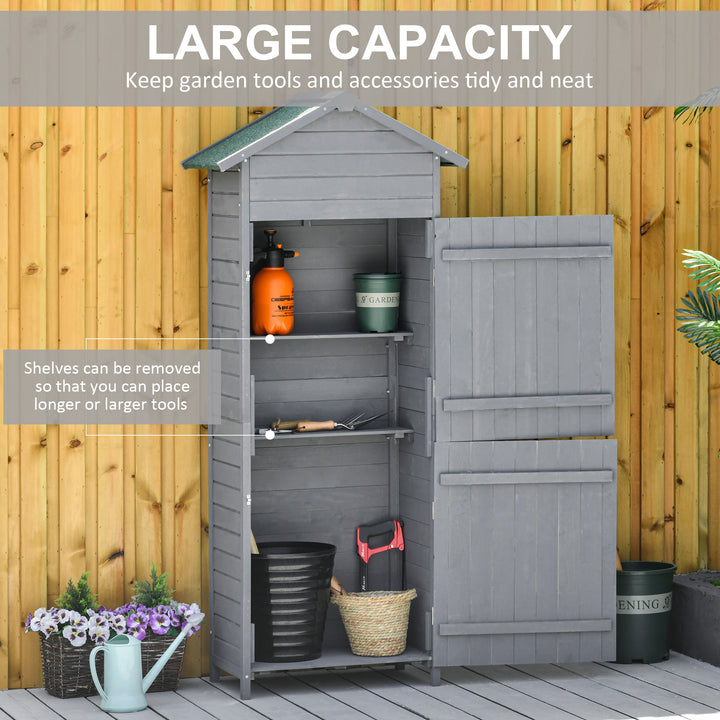 Outsunny Wooden Garden Storage Shed Timber Tool Cabinet Organiser w/ Tilted-felt Roof, Shelves, Lockable Doors, 189 x 82 x 49 cm, Grey