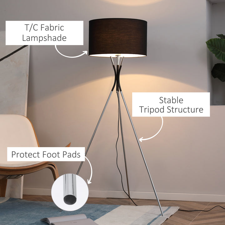 Modern Tripod Floor Lamp, Free Standing Light with Metal Frame, Fabric Lampshade and E27 Base for Living Room, Bedroom, Office, Black