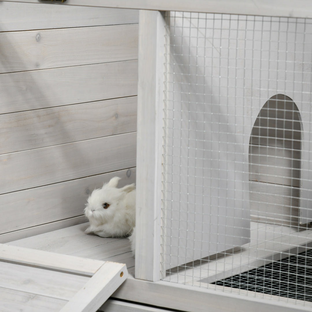 PawHut Wooden Rabbit Hutch, Mobile Guinea Pig Cage, Separable Bunny Run, Small Animal House with Wheels, Slide-out Tray, 138 x 53 x 61cm, Light Grey