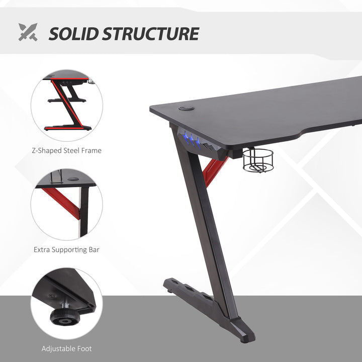 HOMCOM Racing Style Gaming Desk with LED Lights, Z-Shaped Computer Table Workstation with Cup Holder, Headphone Hook for Study, Home Office, Black
