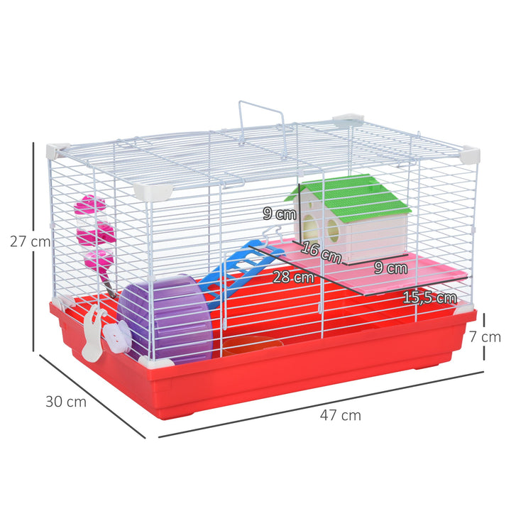 PawHut Dwarf Hamster Metal Cage w/ Tunnels Exercise Wheel Water Bottle Dishes Red and White