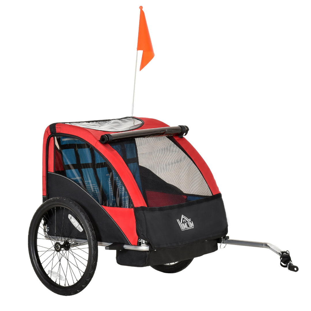 Trailer for Kids Child Bike Foldable 2-Seat Baby Transport Carrier with Storage Bag Five-point Safety Harness Red