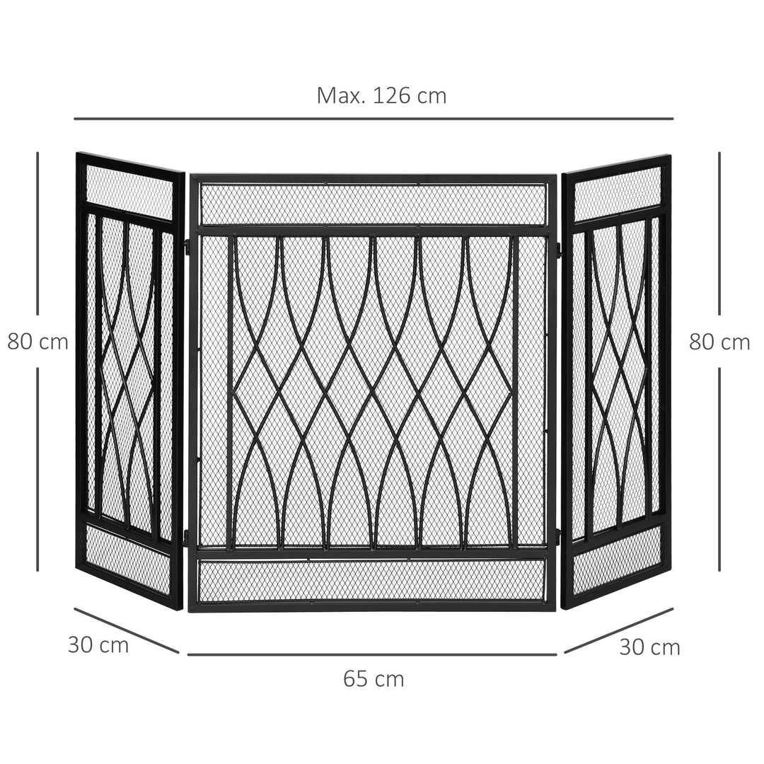 HOMCOM 3-Panel Folding Fireplace Screen, Metal Mesh Fire Spark Guard, 126L x 3W x 80H cm-Black