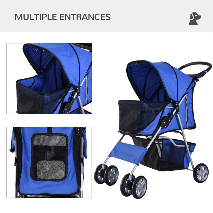 PawHut Dog Pushchair for Small Miniature Dogs Cats Foldable Travel Carriage with Wheels Zipper Entry Cup Holder Storage Basket Blue