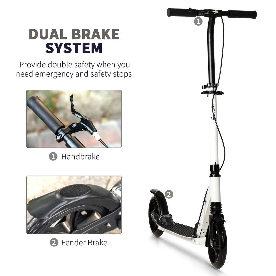 One-click Folding Kick Scooter for 14+ w/ Adjustable Handlebar, Push Scooter with Kickstand, Dual Brake System, Shock Absorber, White