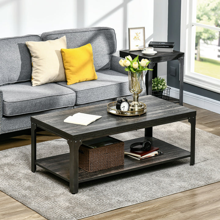 HOMCOM Rustic Coffee Table with Storage Shelf, Cocktail Table with Steel Frame and Thickened Top for Living Room, Dark Walnut