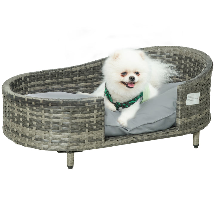 PawHut Elevated Wicker Dog Sofa, Rattan Cat Bed Hand Woven with Soft Cushion, Washable Cover, for Small &amp; Medium Dog, 75 x 42 x 29 cm, Grey