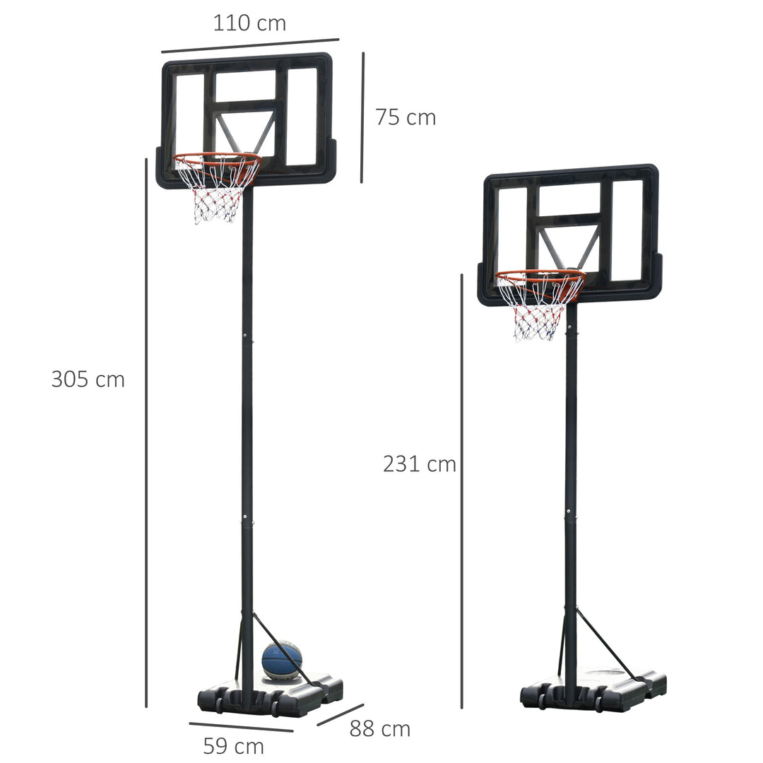 Portable Freestanding Basketball Hoop Stand Transparent Backboard 231-305cm Adjustable Basketball Hoop with Two Moving Wheels For Adult