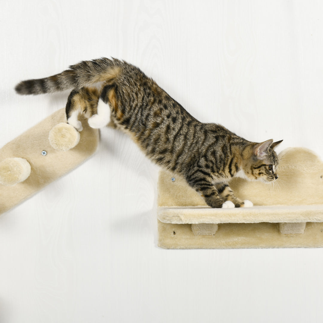 PawHut 4PCs Wall-mounted Cats Shelves, Cat Climbing Shelf Set, Kitten Activity Center with Hammock Nest Scratching Post Jumping Platform, Beige