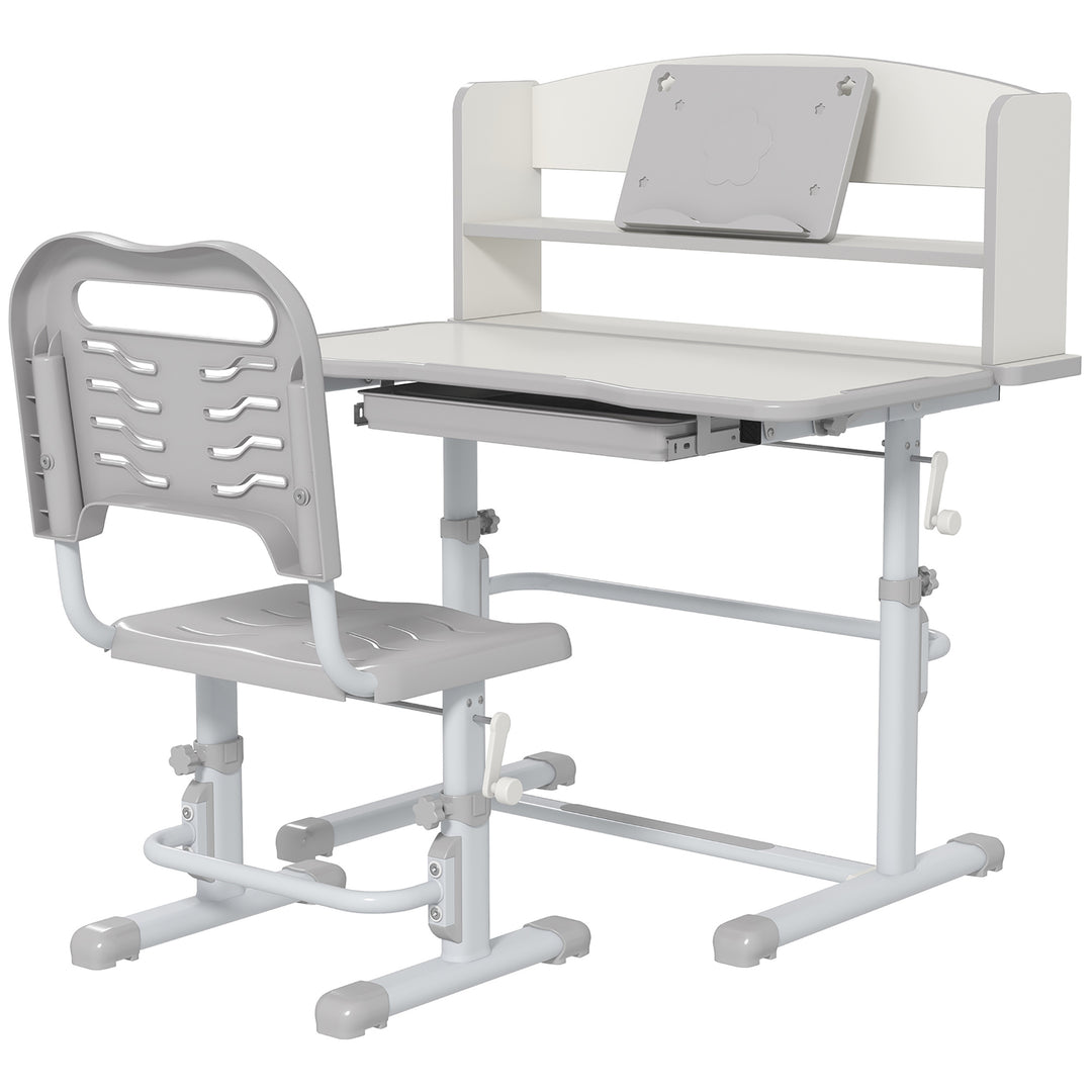 Height Adjustable Kids Study Table and Chair Set, with Drawer, Storage Shelf, Grey