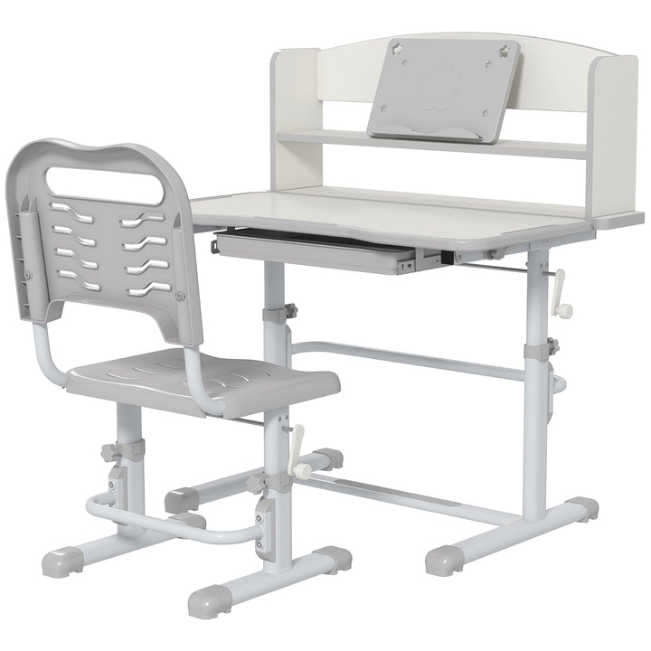 Height Adjustable Kids Study Table and Chair Set, with Drawer, Storage Shelf, Grey