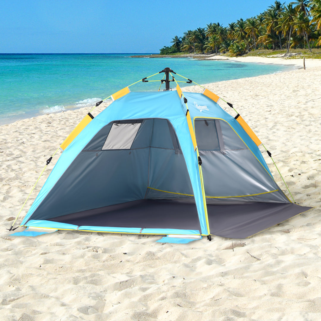 Pop-up Beach Tent Sun Shade Shelter for 1-2 Person UV Protection Waterproof with Ventilating Mesh Windows Closable Door Sandbags Light Blue