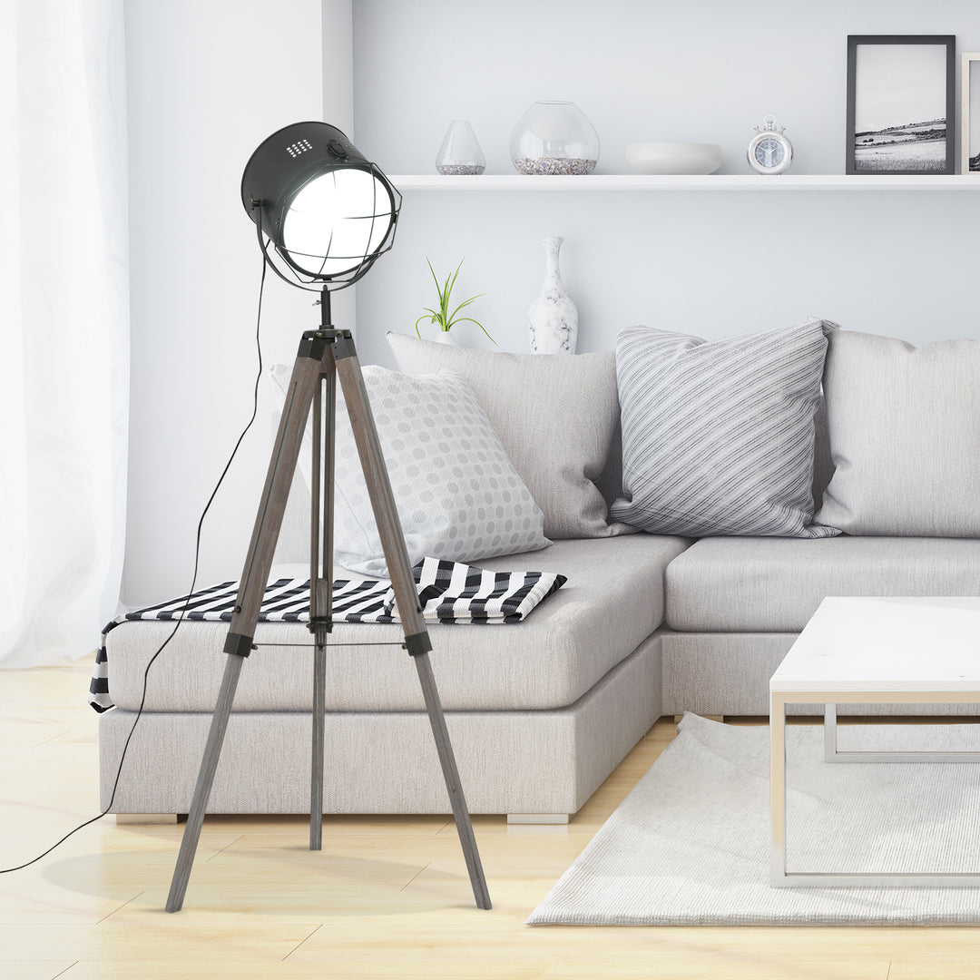 Industrial Style Tripod Floor Lamp for Living Room Bedroom, Vintage Spotlight Reading Lamp with Wooden Legs E27 Base