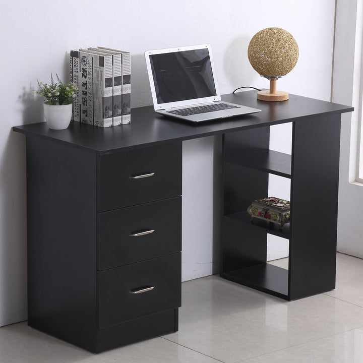 Modern Style Computer Desk Writing PC Table Workstation Laptop Study Stationery Cupboard w/ 3 Shelf & Drawers - Black 120H cm