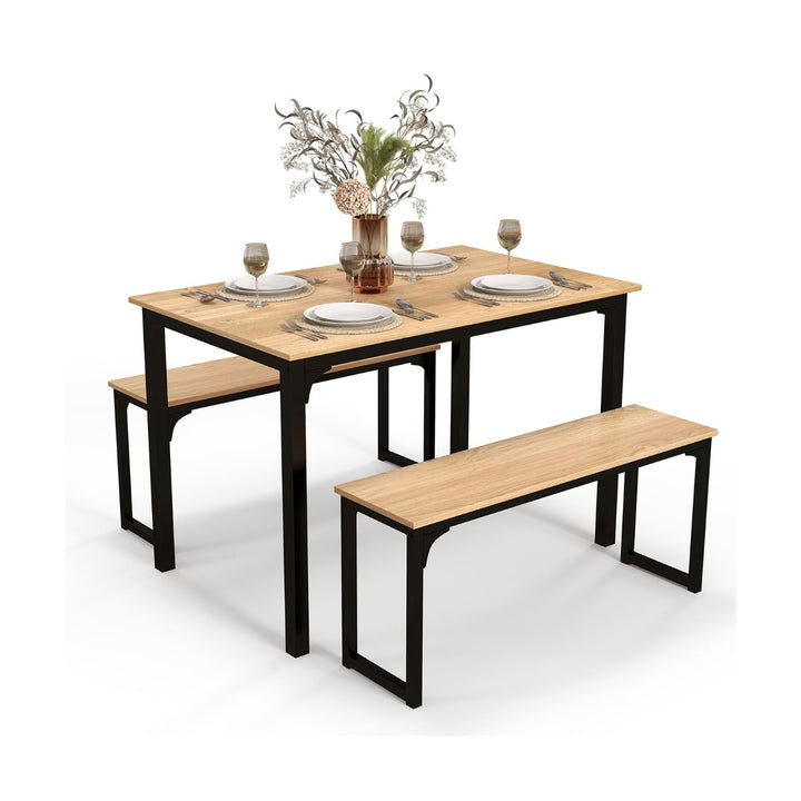 Space-Saving Dining Table Set with 2 Benches-Natural