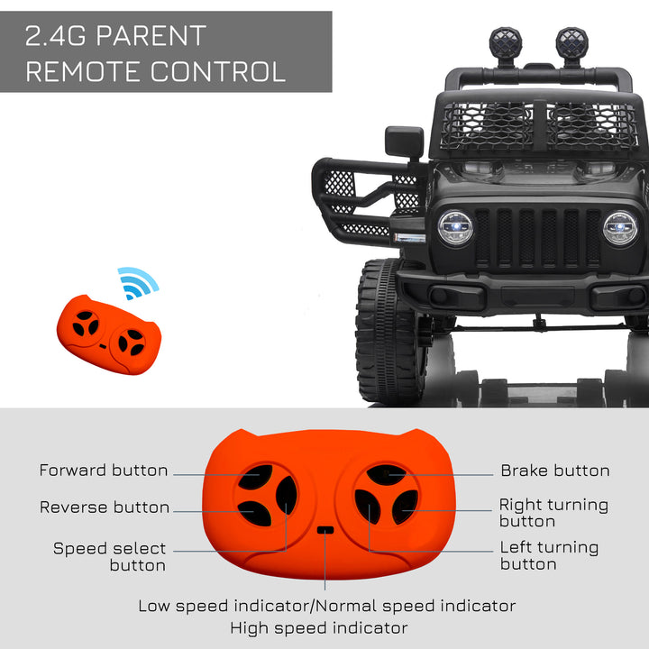 HOMCOM 12V Battery-powered 2 Motors Kids Electric Ride On Car Truck Off-road Toy with Parental Remote Control Horn Lights for 3-6 Years Old Black