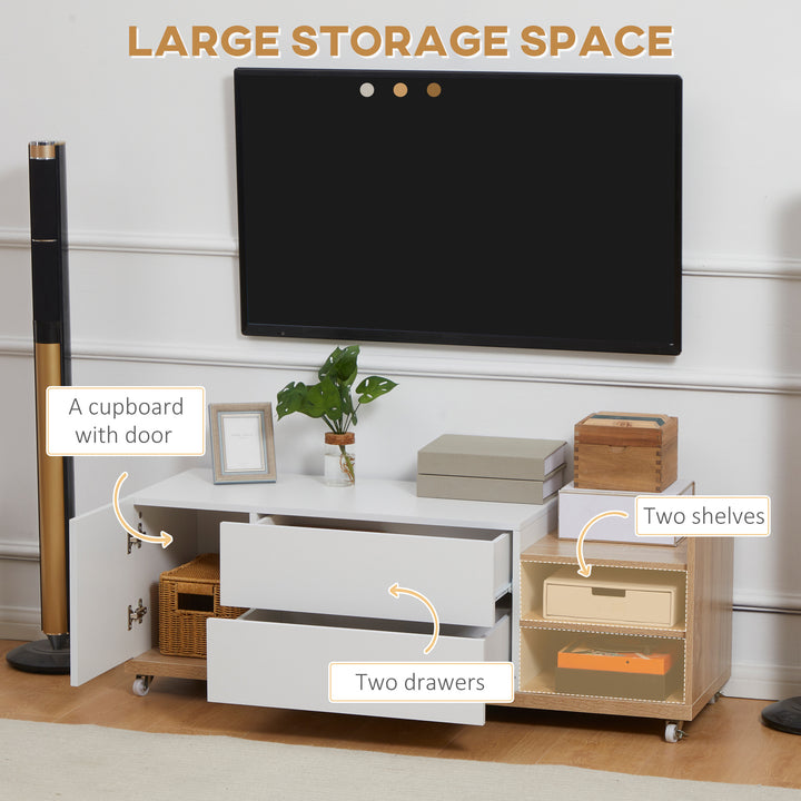 Modern TV Stand Unit for TVs up to 46" with Wheels, Storage Shelves and Drawers, 120cmx39cmx42cm, White and Natural