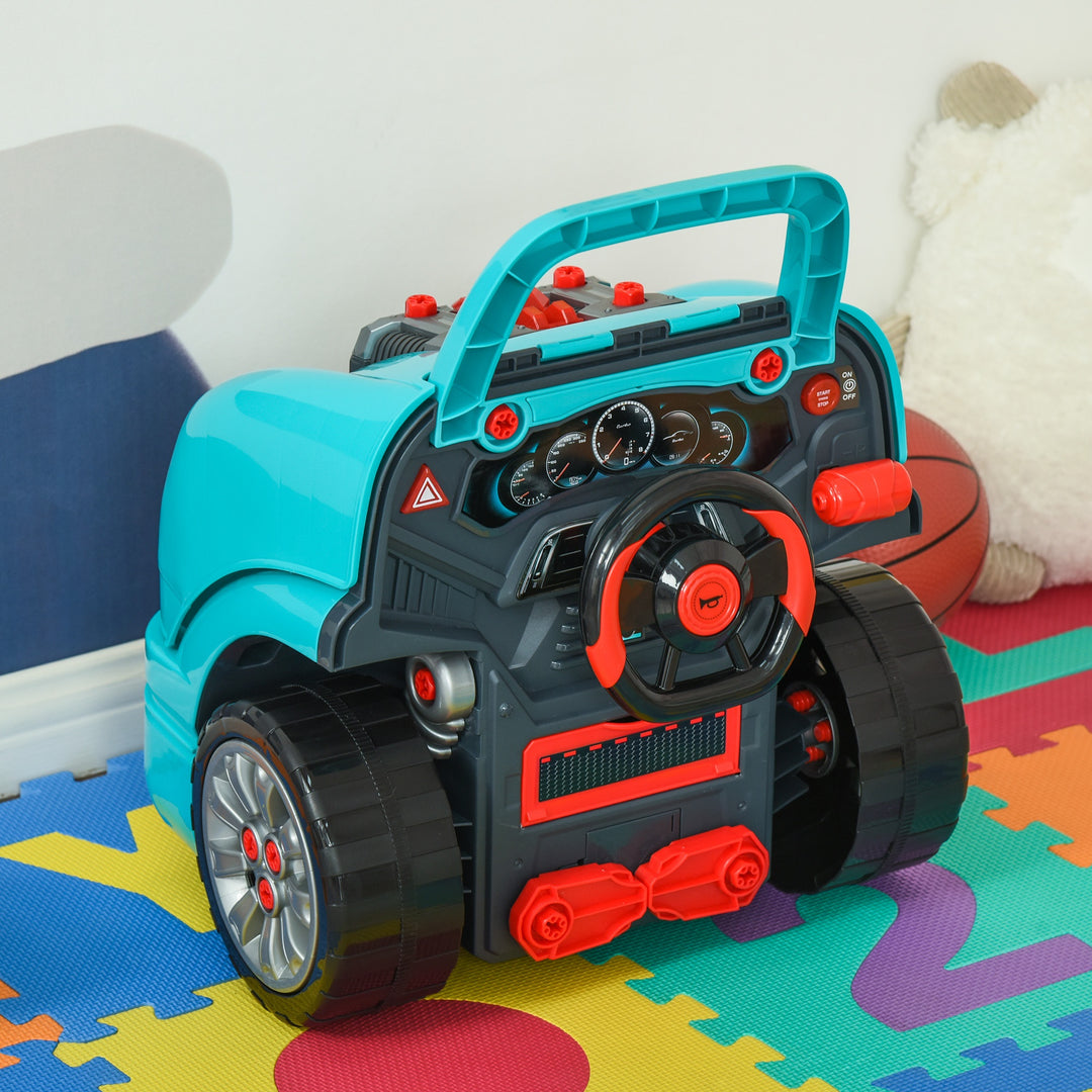 HOMCOM Kids Truck Engine Toy Set, Educational Car Service Station Playset, Take Apart Workshop, w/ Steering Wheel, for 3-5 Years Old Teal Green