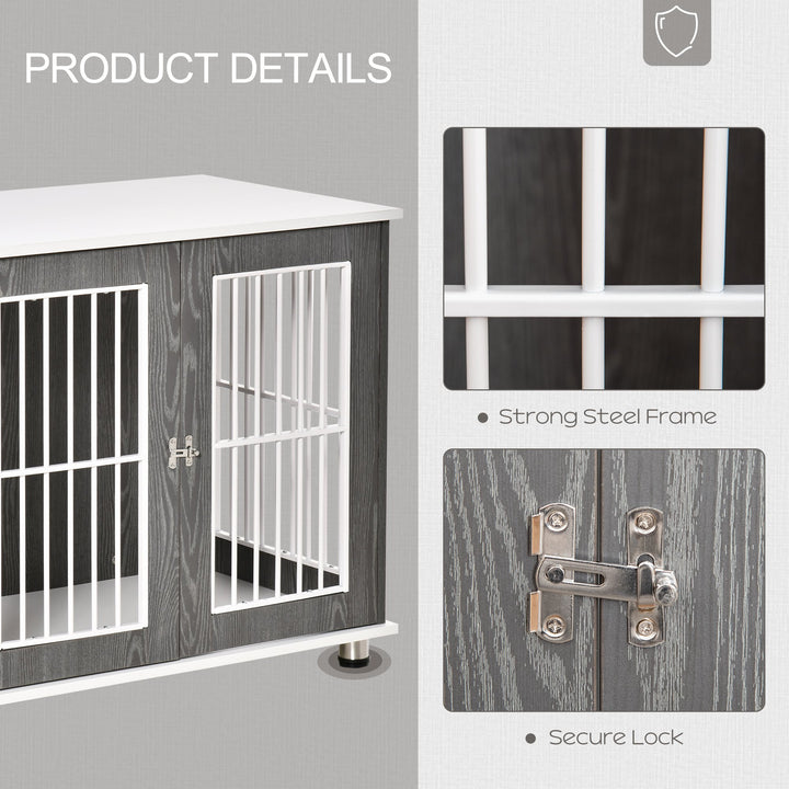 PawHut Dog Crate, Wooden Pet Kennel Cage with Lockable Door and Adjustable Foot Pads, Modern Design, Grey and White