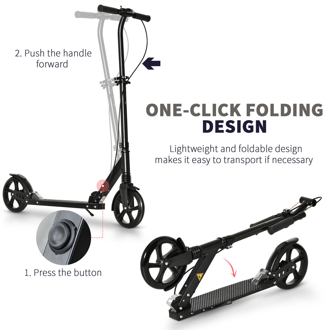 One-click Folding Kick Scooter for 14+ w/ Adjustable Handlebar, Push Scooter with Kickstand, Dual Brake System, Shock Absorber, Black