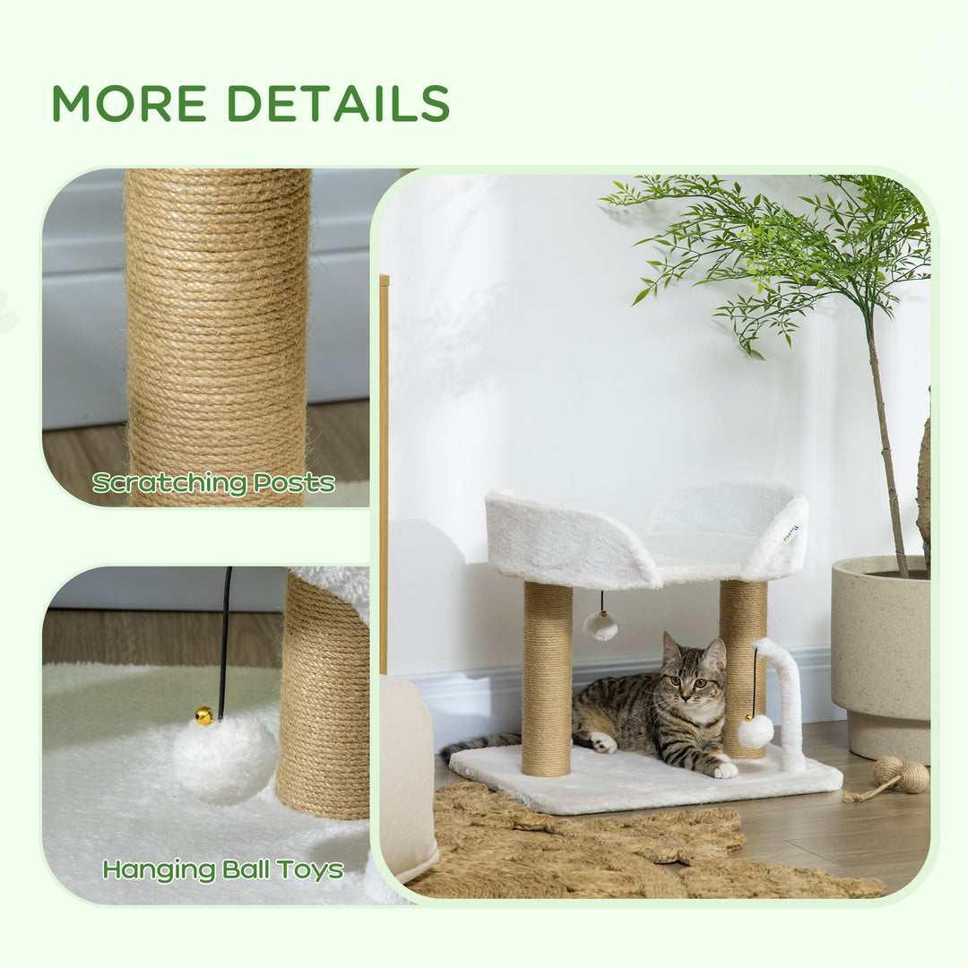 PawHut 42cm Indoor Cat Tree, with Toy Balls, Jute Scratching Post - White