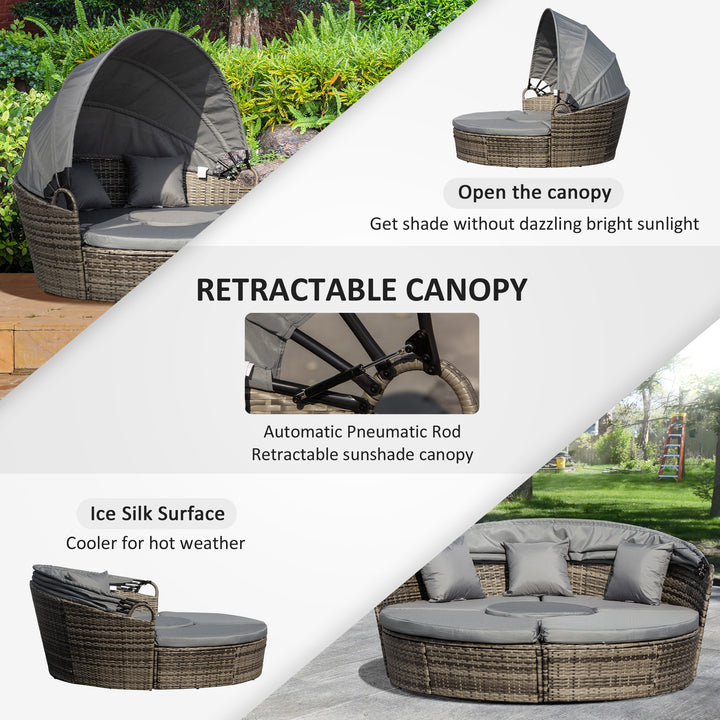 Outsunny Rattan Garden Furniture Cushioned Wicker Round Sofa Bed with Coffee Table Patio Conversation Furniture Set - Grey