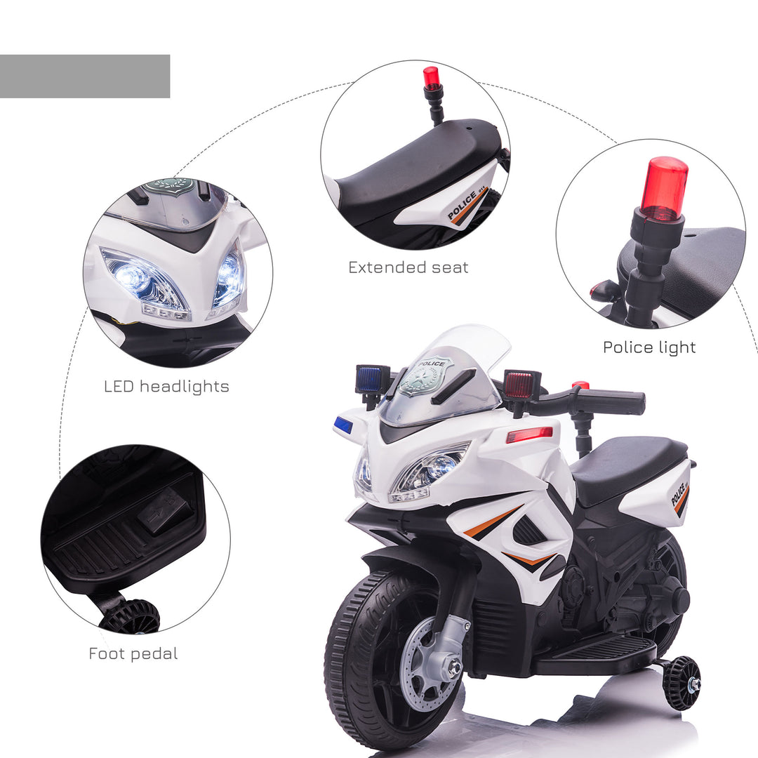 Kids 6V Electric Ride On Motorcycle Police Car Toy for 18 - 36 months White