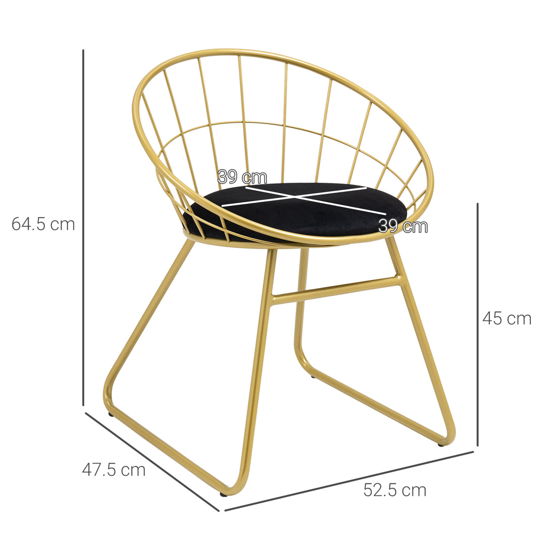 Modern Dining Chairs Set of 2, Metal Wire Kitchen Chair with Velvet-feel Cushion, Round Back and Steel Frame for Living Room, Bedroom, Gold