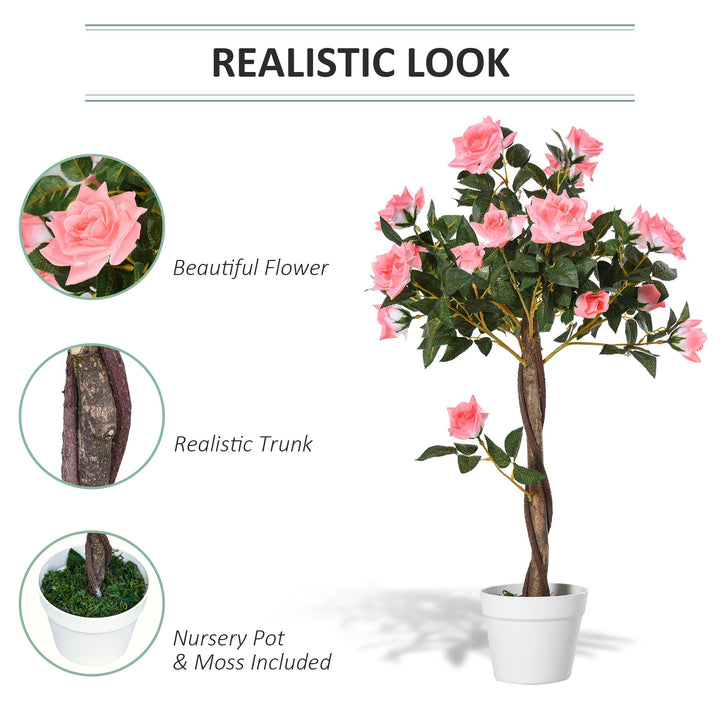 90cm/3FT Artificial Rose Tree Fake Decorative Plant w/ 21 Flowers Pot Indoor Outdoor Faux Decoration Home Office Décor Pink & Green