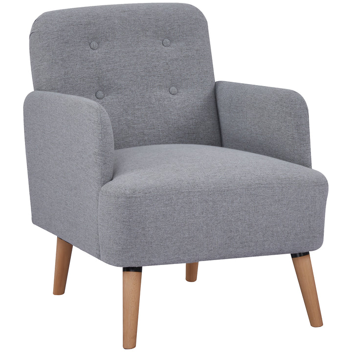 Upholstered Armchair, Nature Wood Frame Living Room Chairs with Birch Wood Legs &amp; Thick Padding Seat and Button Mid-Back, Light Grey
