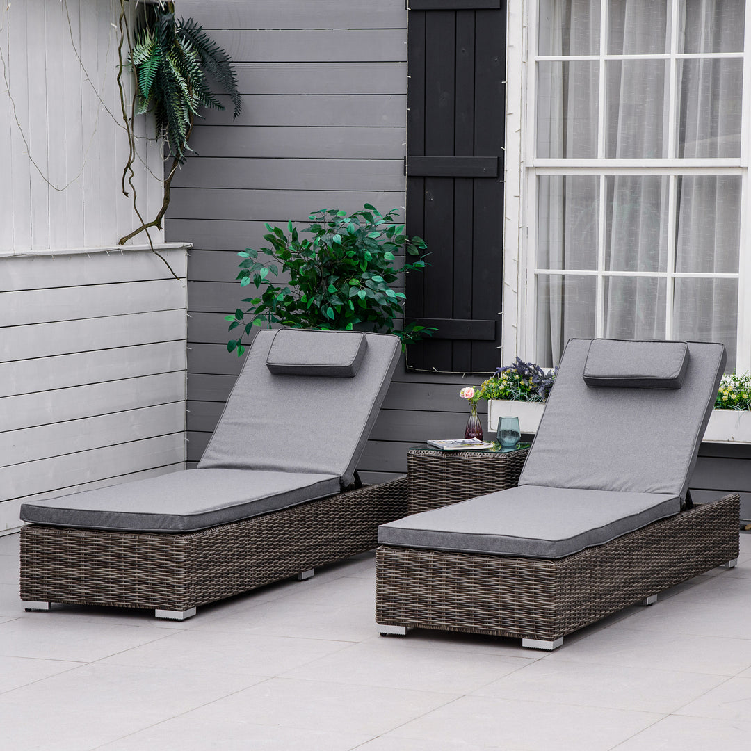 Outsunny 3 Pieces Patio PE Rattan Sun Lounger Set, Adjustable Outdoor Half-Round Wicker Aluminium Recliner Bed w/ Side Table Set, Headrest & Cushions