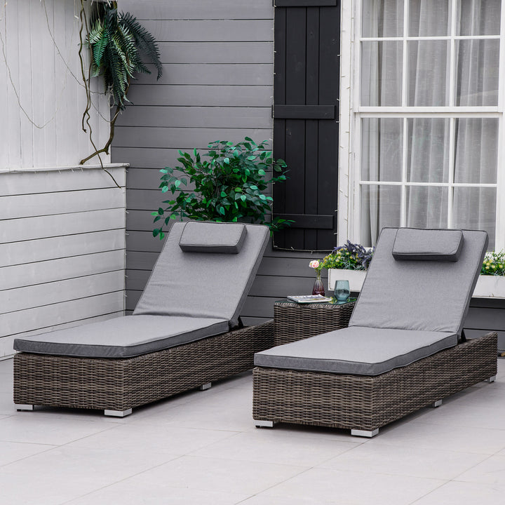 Outsunny 3 Pieces Patio PE Rattan Sun Lounger Set, Adjustable Outdoor Half-Round Wicker Aluminium Recliner Bed w/ Side Table Set, Headrest &amp; Cushions