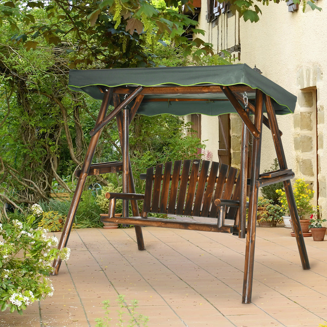 Outsunny 2-Person Garden Swing Chair, Outdoor Hanging Wooden Porch Bench w/ Adjustable Canopy and Side Trays for Patio, Poolside, Backyard