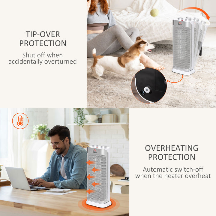 Electric Space Heater Freestanding Oscillating Ceramic Heater with 3 Adjustable Modes, Tip-Over and Overheat Protection, 1000W/2000W, White