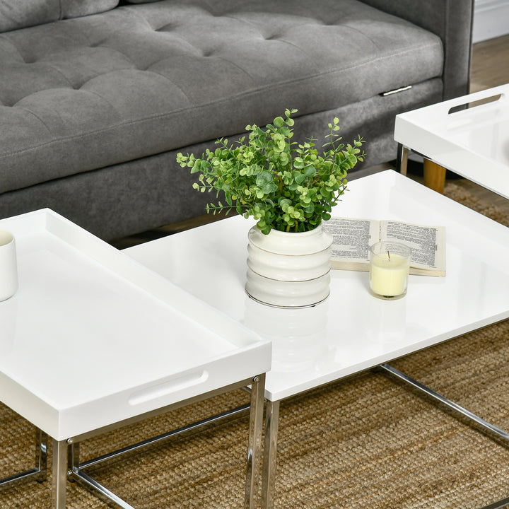Coffee Table Set of 3, Modern Nest of Tables with Steel Frame and High Gloss Effect for Living Room, White