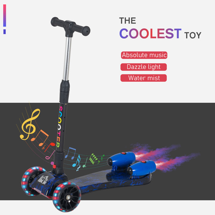 Kids 3 Wheel Kick Scooter Adjustable Height w/ Flashing Wheels Music Water Spray Foldable Design Cool On Off Road Vehicle Blue